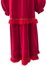 Runway Fall 1977 Yves Saint Laurent Red Wool Smock Dress w Fringe Yarn Detail