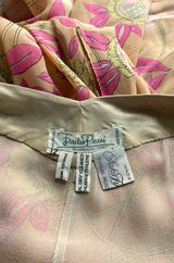 Prettiest 1960s Emilio Pucci Pink & Yellow Print on Peach Silk Chiffon Ruffled Off Shoulder Dress