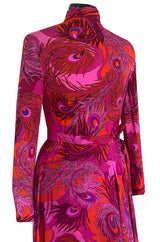 1972 La Mendola Silk Jersey Dress w Skirt Chiffon Skirt in the 'Paridiso' Peacock Feather Print