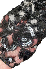 1980s Loris Azzaro Couture Black Silk & Net Sequin Floral Bodice Dress w Swag Hip Detail