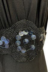 Avant Garde 1930s Black Moss Crepe Draped Halter Back Dress w Sequin Detailing