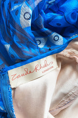 1980s Zandra Rhodes Hand Painted Silver on Blue Silk Caftan Dress w Wrap Belt & Matching Scarf