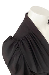 Iconic c.1969 Ossie Clark 'Bridget' Black Crepe Plunge Front Wrap Dress