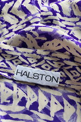 Spring 1981 Halston Three Piece Silk Top Pant & Jacket Set w Purple Colour Block Print
