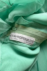 Prettiest 1980s Stavropoulos Soft Mint Green Silk Chiffon Dress w Full Cape Sleeves