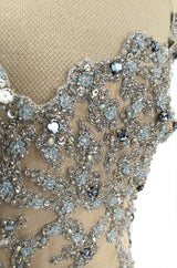 Exquisite 1985 John Anthony Nude Silk Chiffon & Net Dress w Silver Chain Rhinestones and Beads