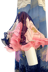 Incredible 1970s Hanae Mori Flower Print Dress w Original Flower Pin & Stunning Sleeves