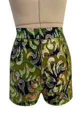 Fabulous 1960s Unlabeled Metallic Green Organza Dress Set w Matching Hot Pants & Gold Trim