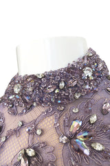 1960s George Halley Couture Lavender Silk Satin Dress w Heavily Detailed Crystal & Rhinestone Bodice