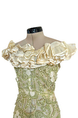 Early 1960s Carven Couture Pale Green Silk Organdy Embroidered Cut Out Dress