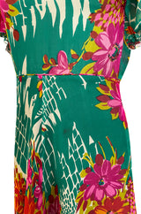 Documented 1973 Scott Barrie Pink & Green Floral Backless Silk Chiffon Dress