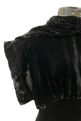 Stunning 1930s Black Silk Velvet Bias Cut Dress w Top Stitched Sleeves & Silver Glitter Buttons