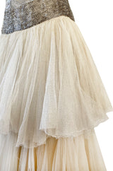 Rare Late 1920s Early 1930s Howard Greer Silver Beaded Halter Dress w Silk Tulle Net Tiered Skirt