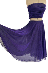 Rare 1978 Halston Couture Metallic Purple Lurex Cropped Bandeau Top & Skirt Set
