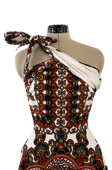 Fantastic 1970s Strapless Extended Multi Tie Bohemian Cotton Batik Print Dress