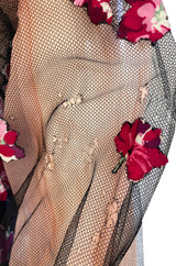 1930s Bright Pink Floral Hand Applique on Silk Dress w Net Sleeves
