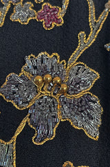Stunning 1930s Unlabeled Moss Silk Crepe Dress w Dense Beading Sequin & Gold Thread Embroidery