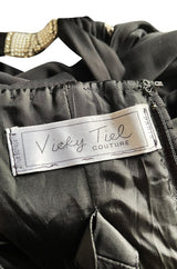 Fabulous 1980s Vicky Tiel Cut Outs Black Jersey Dress w Jewelled Pearl & Rhinestone Collar