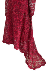 1986 Arnold Scaasi Couture Deep Red Lace Dress w Rhinestone Detailing & Trained Back Skirt