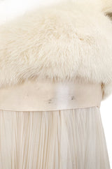 1964 Sarmi Ivory Knife Pleated Silk Chiffon Dress w Cream Mink Bodice & Silk Ribbon Detail