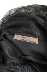 Incredible 2000s John Galliano Fine Black Lace Dress w Train & High Collar