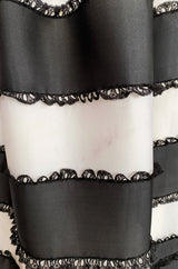 Spring 1988 Bill Blass Sequin Bodice w Ribbon Rosettes Black & White Silk Organza Dress