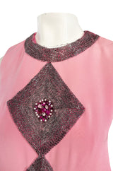 Documented 1969 Pierre Cardin Couture Pink Silk Crepe Diamond Beaded Dress w Overlay