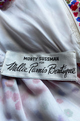 1970s Mollie Parnis Balloon Sleeve Confetti Print Silk Twill & Silk Chiffon Dress w Ruffled Collar