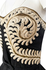 1950s Heavy Cotton / Canvas Strapless Dress w Hand Applied Cord Applique