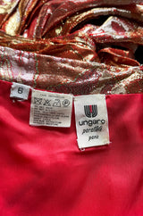 Fall 1988 Emanuel Ungaro Strapless Metallic Gold & Coral Dress w Flirty Ruffled Skirt
