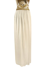 Glamorous 1976 Loris Azzaro Couture Strapless Metallic Gold Sequin & Silk Satin Dress