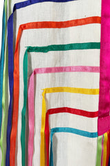 Joyful 1960s Josefa Mexico Rainbow Ribbon on Ivory Cotton Caftan Dress w Zip Front