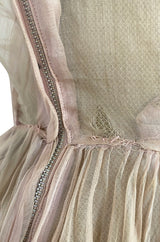 Rare Late 1940s Jacques Fath Pale Nude Silk Organza Dress w Full Skirt & Plunge Front