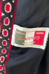1960s Davidow Red Black & White Fused Cut Velvet Dream Carpet Coat w Matching Belt