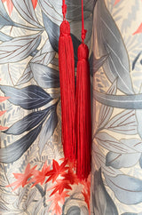 1970s Jean Varon Floral Printed Pale Blue Grey & Red Caftan w Red Piping & Long Tassel Details