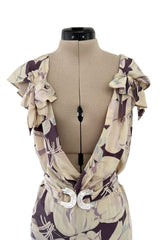 Rare Dated 1934 Bias Cut Soft Purple and Ivory Floral Print Silk Dress & Jacket w MOP Belt