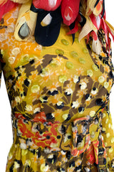 Famous 1971 Bill Blass Vogue Featured Yellow Chenille & Silk Maxi Dress w Elaborate Feather Collar