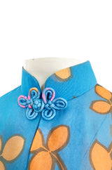 Extraordinary 1970s Hanae Mori Couture Pastel Turquoise Floral Print Silk Chiffon Dress & Jacket