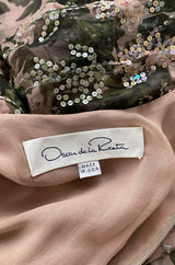 1980s Oscar de la Renta Sequin Detailed Trained Floral Silk Chiffon Dress