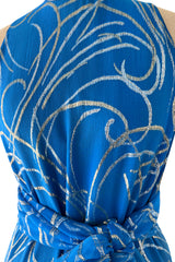 Extraordinary Fall 1979 Christian Dior by Marc Bohan Blue Silk Dress w Metallic Gold & Silver Detail