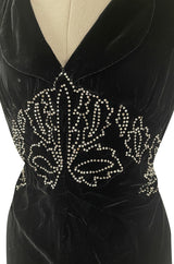 Rare 1920s 1930s Unlabeled Silk Velvet Dress w Rhinestones & Matching Open Shoulder Jacket