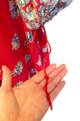 Prettiest 1970s Wallis Off Shoulder Red & Blue Floral Print Dress w Balloon Sleeves