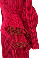 Runway Fall 1988 Mary McFadden Couture Red Pleated Dress w Gold Edged Ruffle Detailing