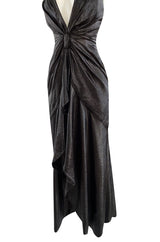 c.1984 John Anthony Black Metallic Lame Jersey Dress w Very Deep Front Plunge & No Back