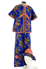 Rare 1971 Marion Foale and Sally Tuffin Blue Floral & Red Checked Pant Jacket & Hat Set