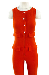 Rare 1970s Courreges Hyperbole Bright Orange Wool Jumpsuit & Matching Cropped Jacket