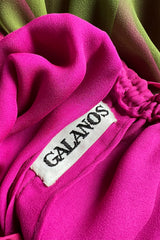 Gorgeous 1970s Galanos Couture Bright Pink & Moss Green Silk Chiffon Dress
