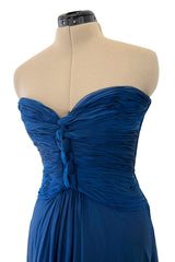 Spring 1990 Oscar De La Renta Deep Sapphire Blue Silk Chiffon Strapless Dress