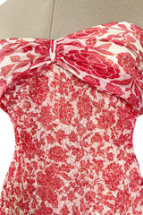 1982 Guy Laroche Haute Couture Floral Print Silk Chiffon Strapless & Caped Back Dress