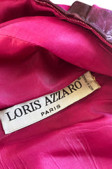 1980s Loris Azzaro Couture Strapless Deep Pink & Purple Printed Silk Mini Dress w Flare Skirt